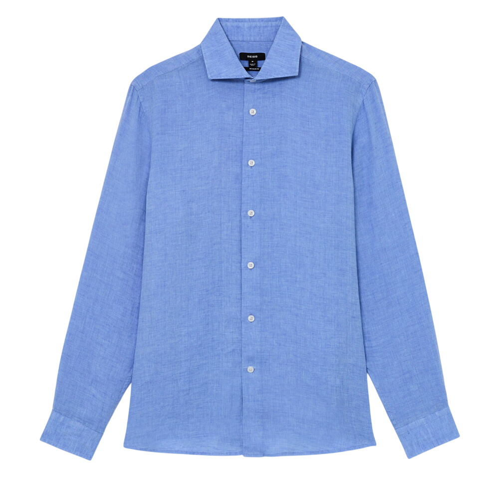 REISS Ruban Buddy Blue Linen Cutaway-Collar Regular-Fit Shirt